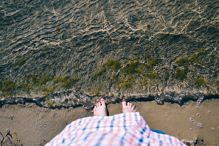 beach, feet, water, waves, seaweed, low section, land, one person