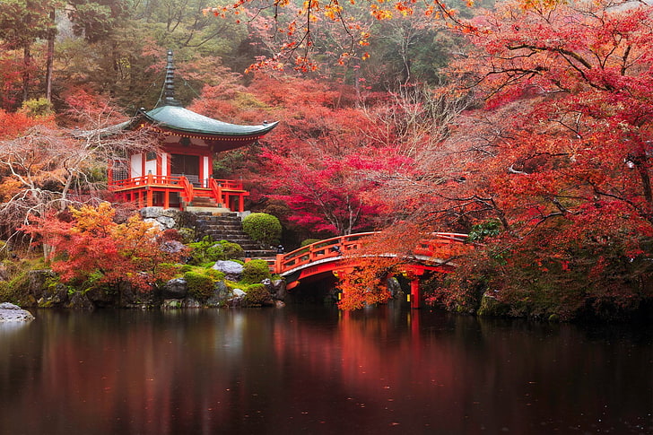 Temples, Daigo-ji, Bridge, Fall, Japan, Kyoto, Nature, Pagoda, HD wallpaper
