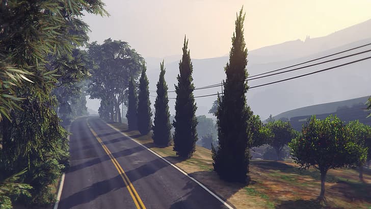 GTA5, GTA Online, GTA Landscape, GTA Photography, trees, sunrise, HD wallpaper