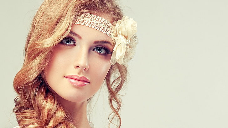 women, model, blonde, blue eyes, face, simple background, head band