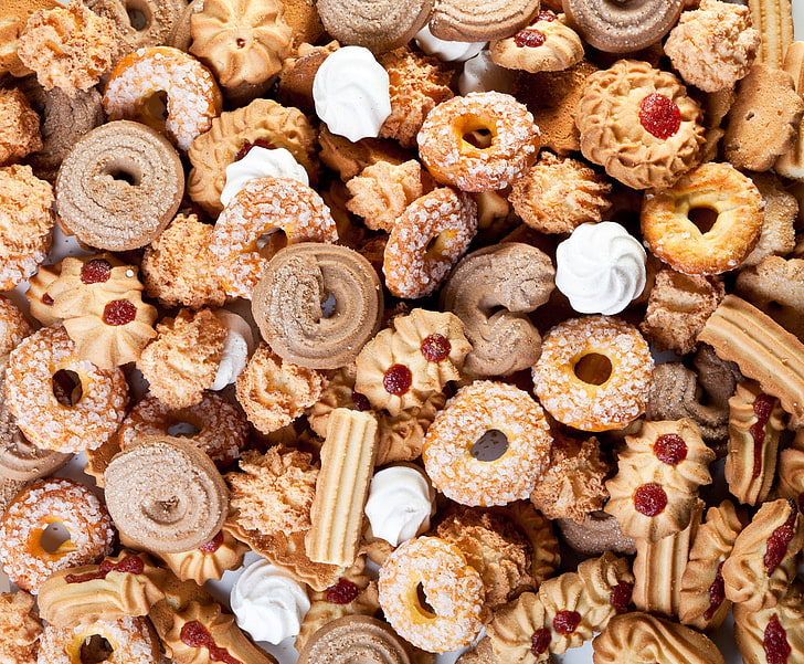 bundle of cookies, churros, and donuts, background, baked goods