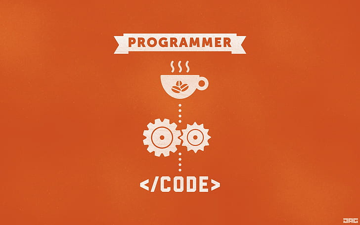 programmers, orange background, code, HTML, minimalism, coffee