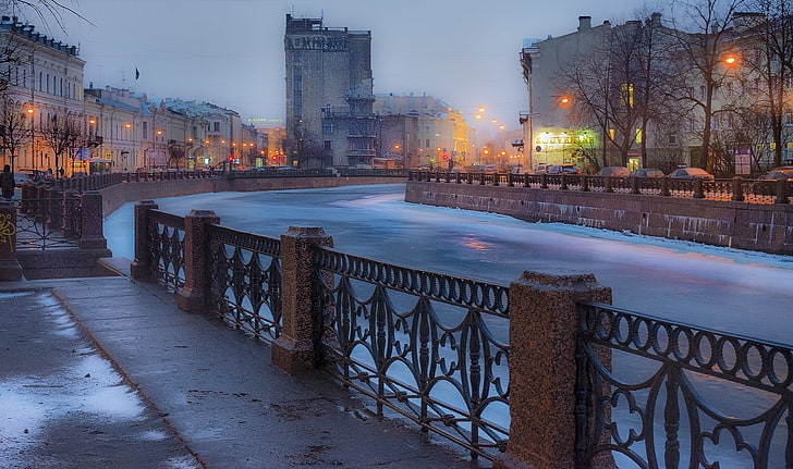 brown metal bridge, Winter, The evening, Peter, River, Saint Petersburg