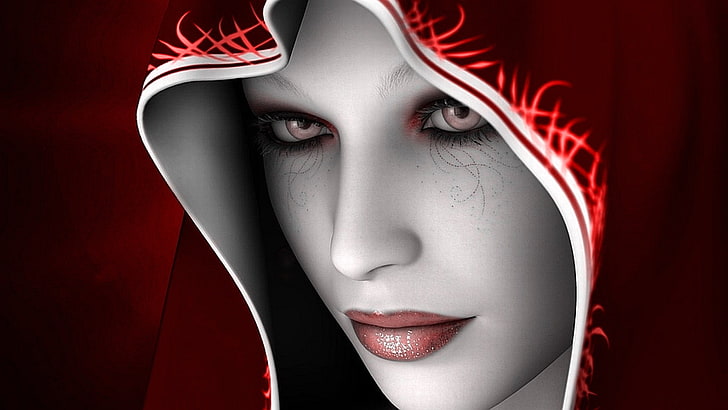 close-up photo of woman character with red veil, fantasy girl