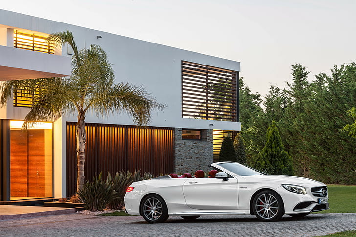 Mercedes-Benz, S63, white convertible coupe, AMG, palm, house