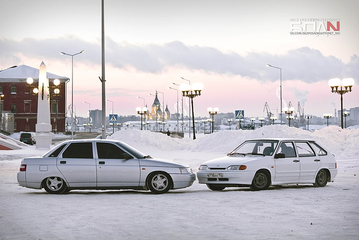white Lada 112 sedan, winter, machine, auto, the city, home, 2114