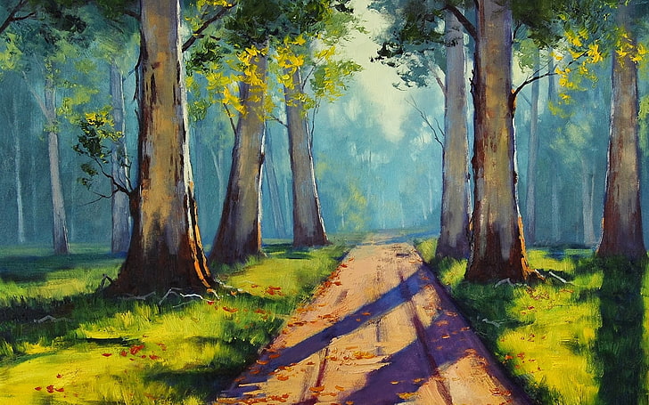 dirt road between trees painting, path, forest, sunlight, Graham Gercken, HD wallpaper
