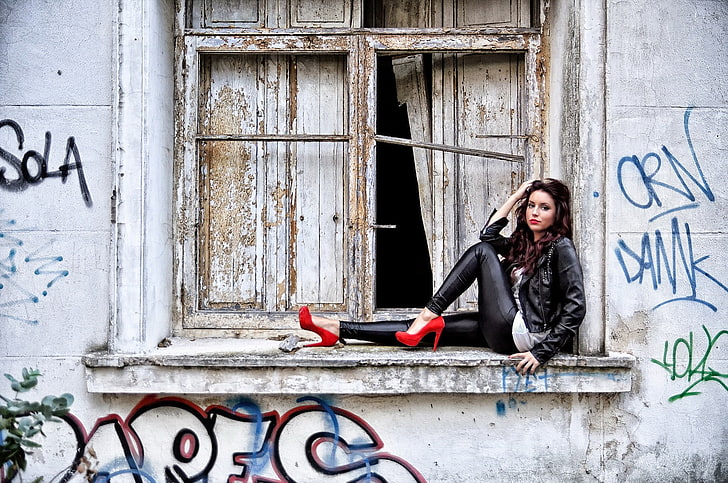 window, model, women, high heels, graffiti, one person, architecture