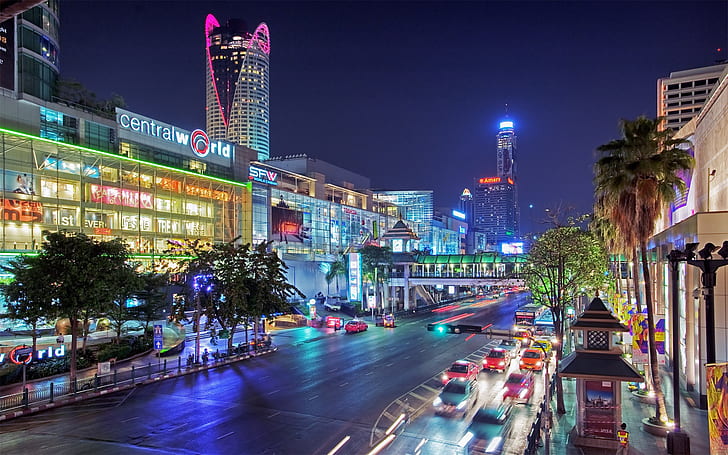 Thailand, Bangkok, city at night, streets, lights, cars