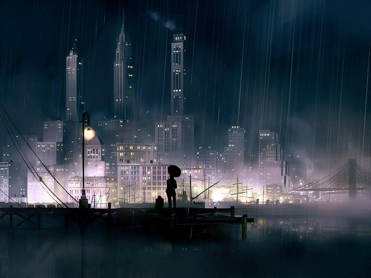 anime girls, city, night, rain, cityscape, HD wallpaper