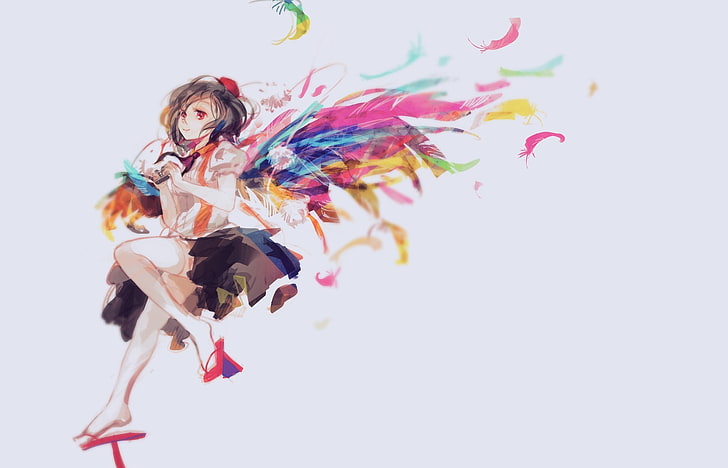 anime girls, simple background, wings, feathers, Touhou, Shameimaru Aya, HD wallpaper