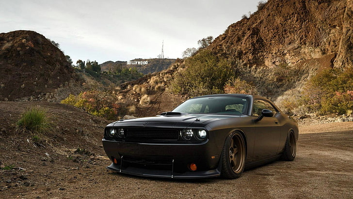 black Dodge Challenger coupe, Mountains, Tuning, Hollywood, Landscape