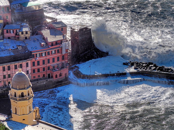 Italy, coast, storm, waves, Vernazza, water, building exterior, HD wallpaper