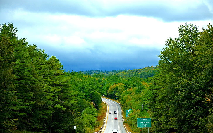 nature, landscape, road, forest, road sign, Vermont, clouds